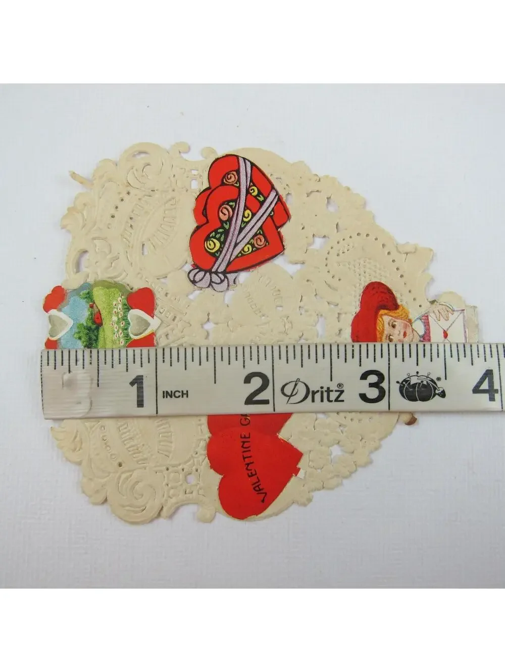 3 Vintage Valentine Ephemera Boy Swing Fence Doves Blue Flowers Paper Lace Heart